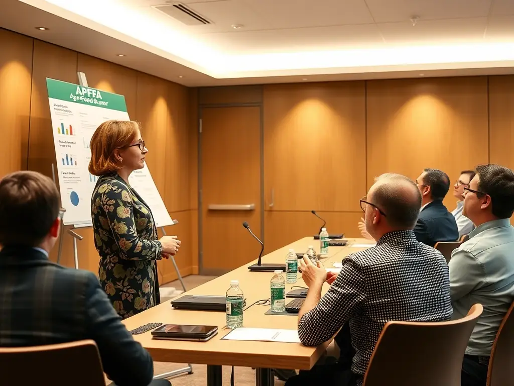 A training session for agri-food sector employees on understanding their rights and benefits under the FAFORIA insurance fund, led by an APGFA representative.