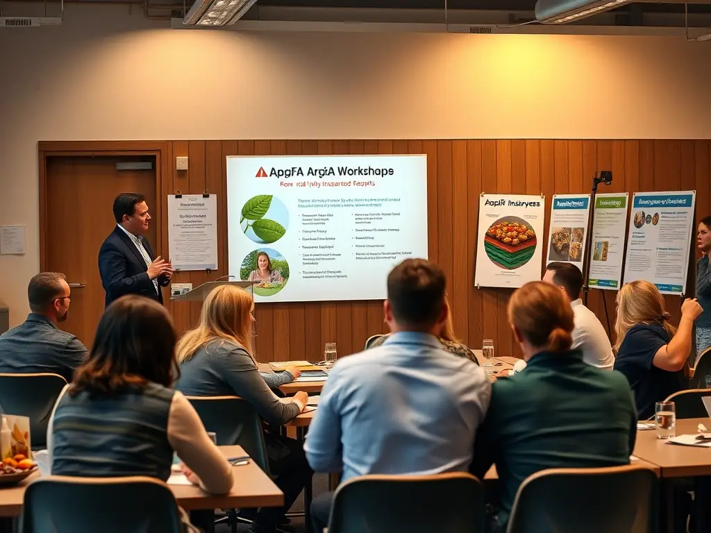 An image depicting a workshop session where APGFA representatives are educating agri-food sector employees about their rights and benefits under the FAFORIA insurance fund.