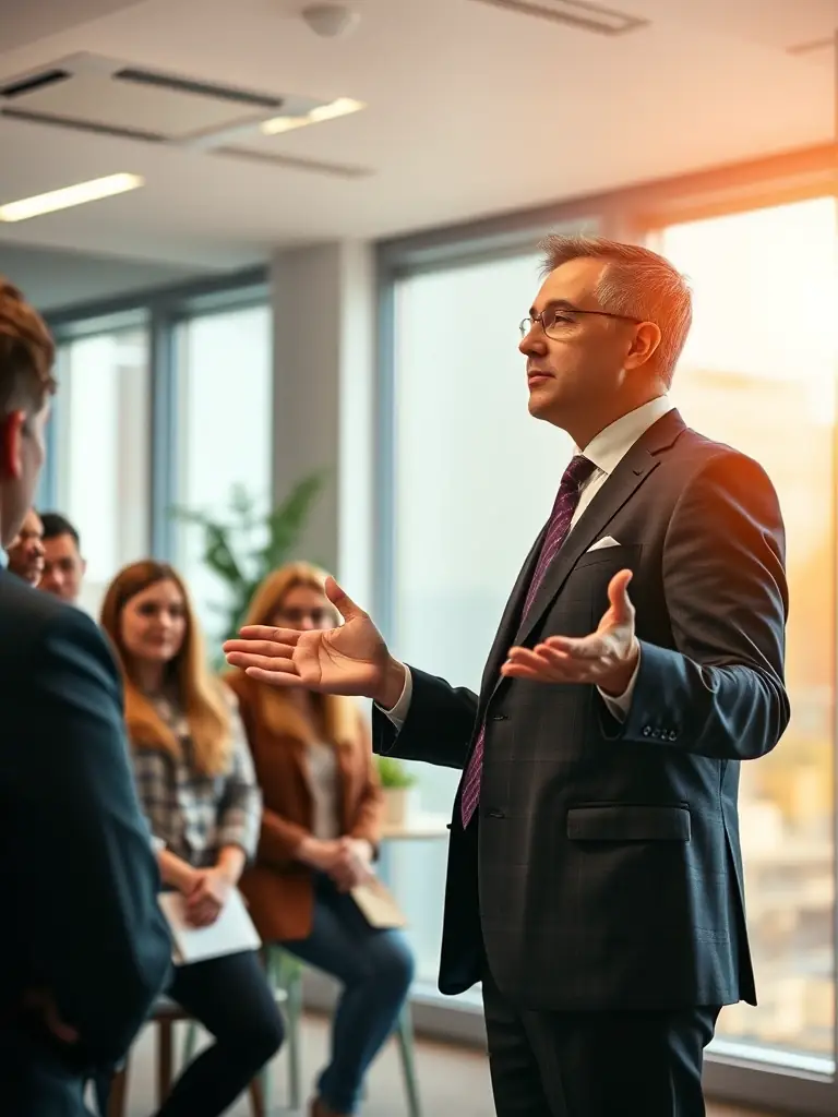 A professional APGFA representative is explaining the benefits of the FAFORIA insurance fund to a group of agri-food sector employees in a bright, modern office setting.