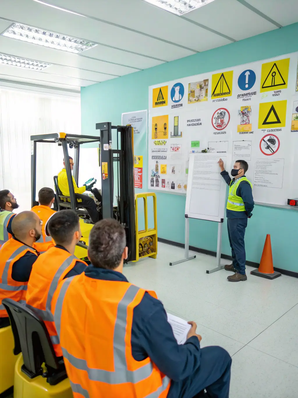 A diverse group of agri-food sector workers are participating in a health and safety training session organized by APGFA, emphasizing practical skills and knowledge.